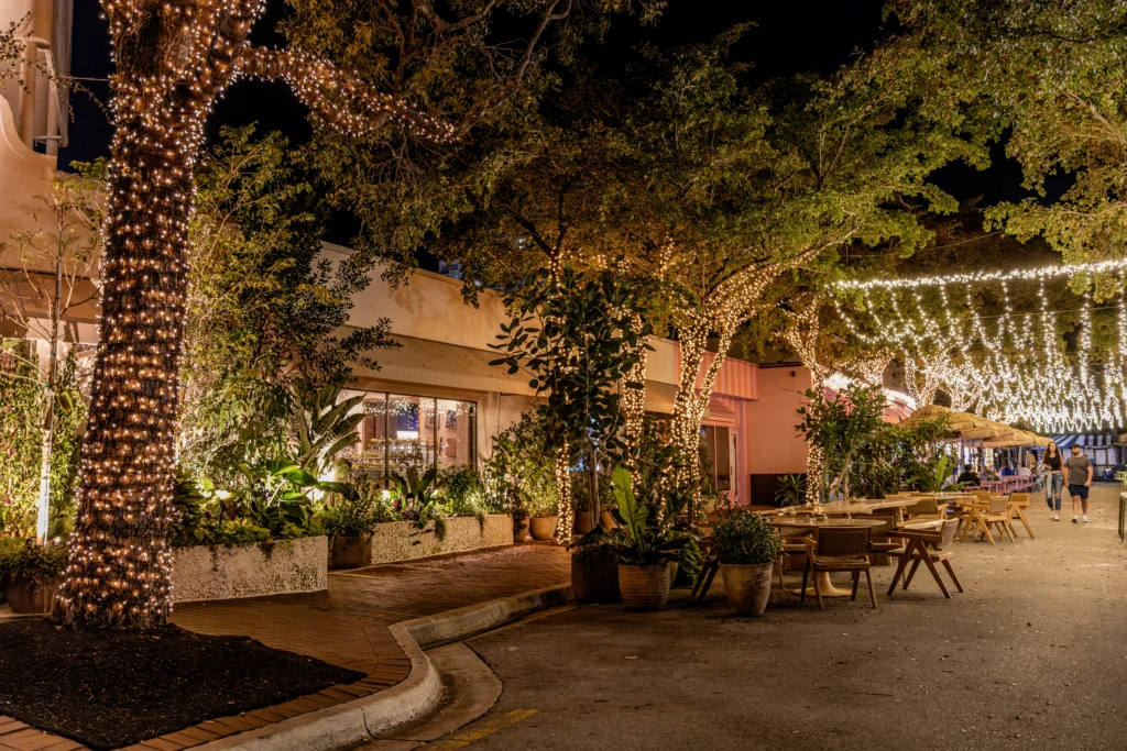 Outdoor dining area at night, decorated with string lights wrapped around trees and hanging above tables. Plants in pots line the walkway, creating a cozy and inviting atmosphere. Few people are seen in the distance.