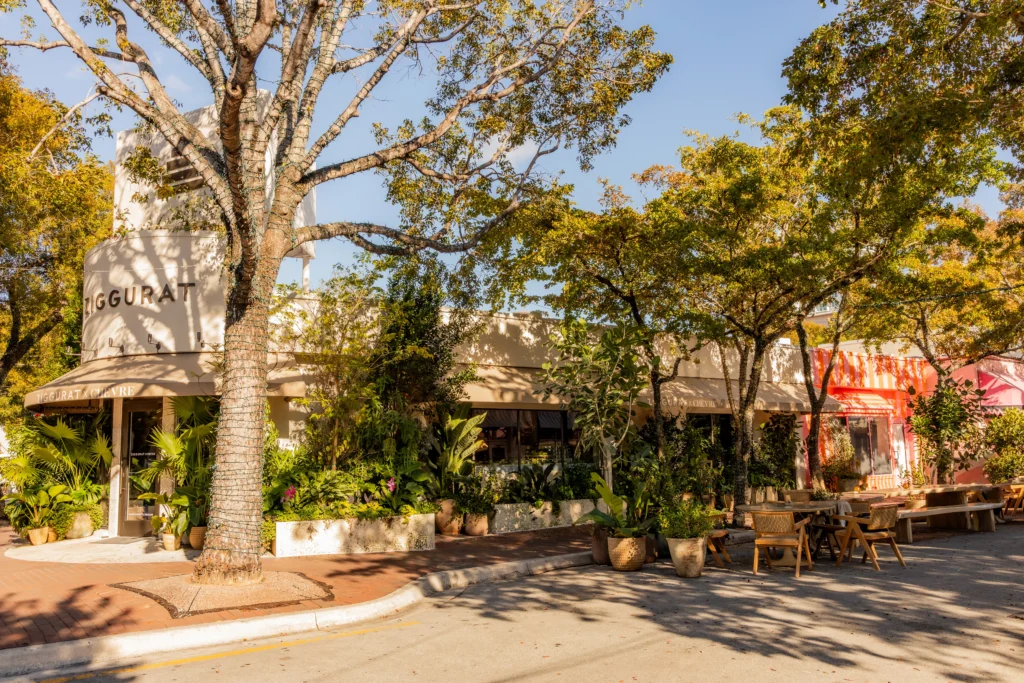 A tree-lined street with outdoor seating, potted plants, and a light-colored building marked Ziggurat on the corner; warm sunlight creates a welcoming atmosphere.
