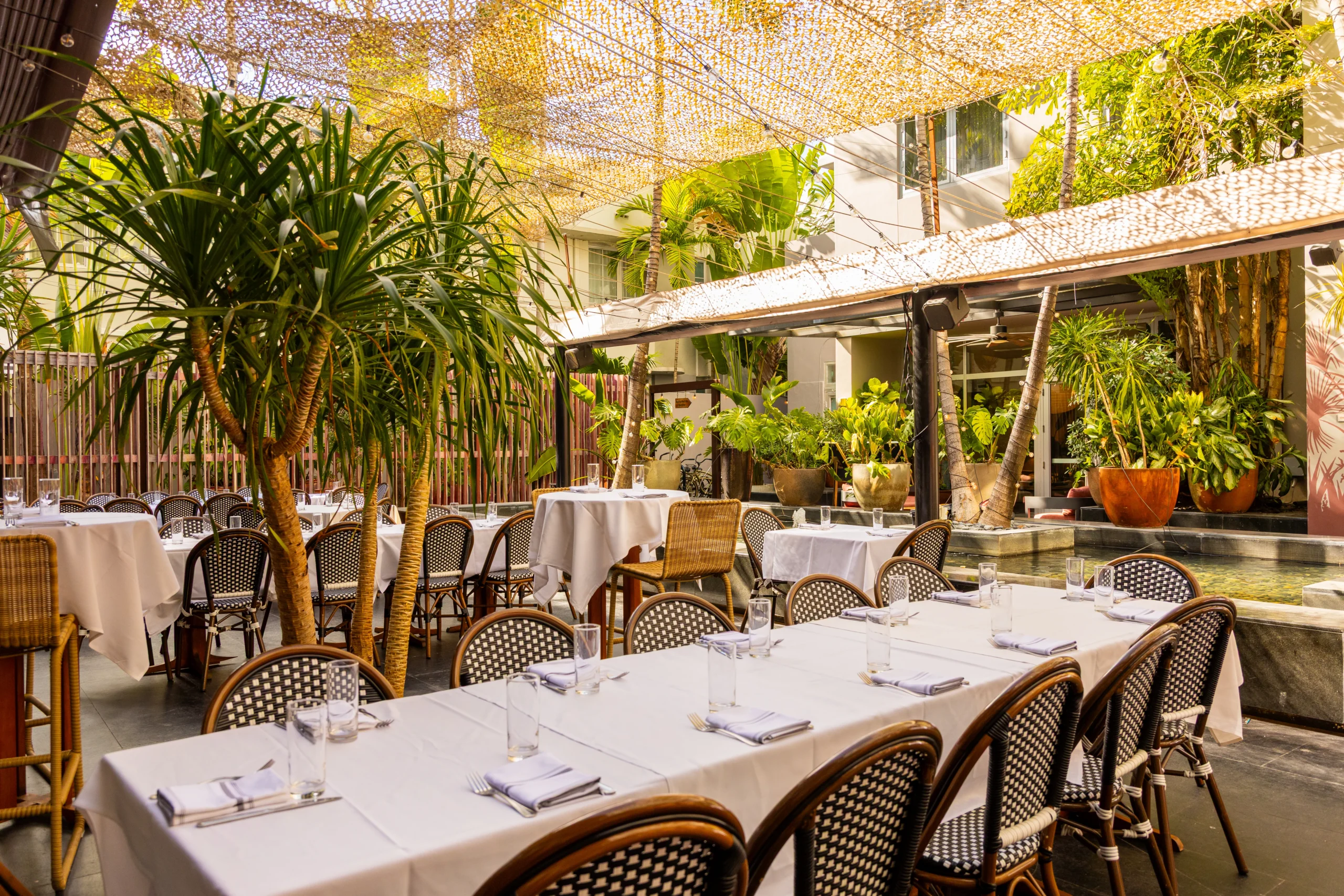 An outdoor restaurant patio with white tablecloth-covered tables and rattan chairs, surrounded by lush green plants and shaded by a golden, woven canopy overhead.